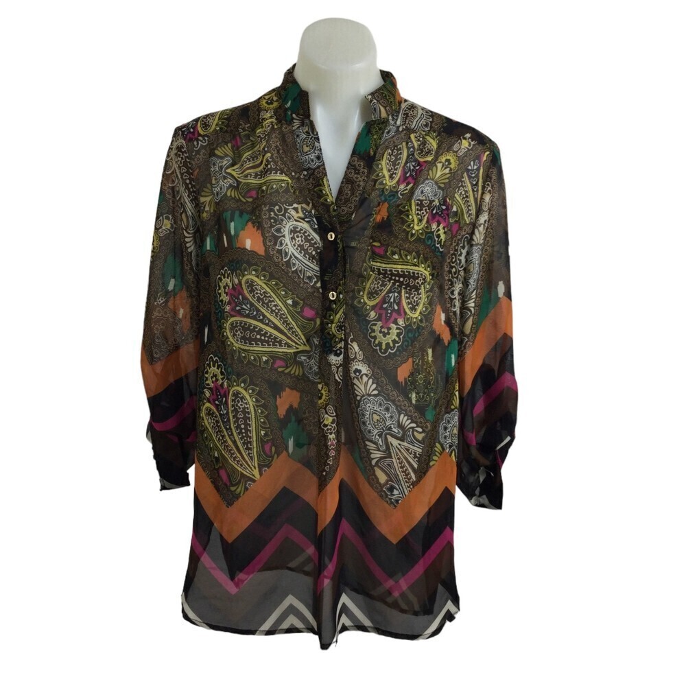 Halo Chevron Paisley Collared V-Neck Roll Tab Sleeve Button Up Blouse Top Multi